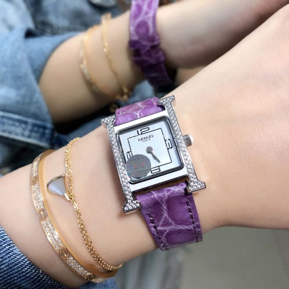 Hermes 316l Fine Steel Case Strap Square Dial Watch Purple