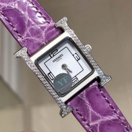 Hermes 316l Fine Steel Case Strap Square Dial Watch Purple