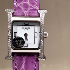 Hermes 316l Fine Steel Case Strap Square Dial Watch Purple