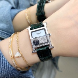 Hermes 316l Fine Steel Case Strap Square Dial Watch Green