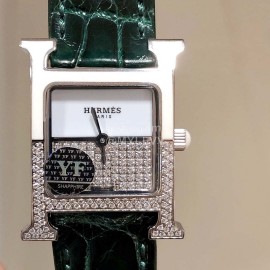 Hermes 316l Fine Steel Case Strap Square Dial Watch Green