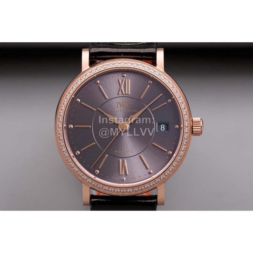 Iwc Swarovski Black Leather Strap Watch For Women