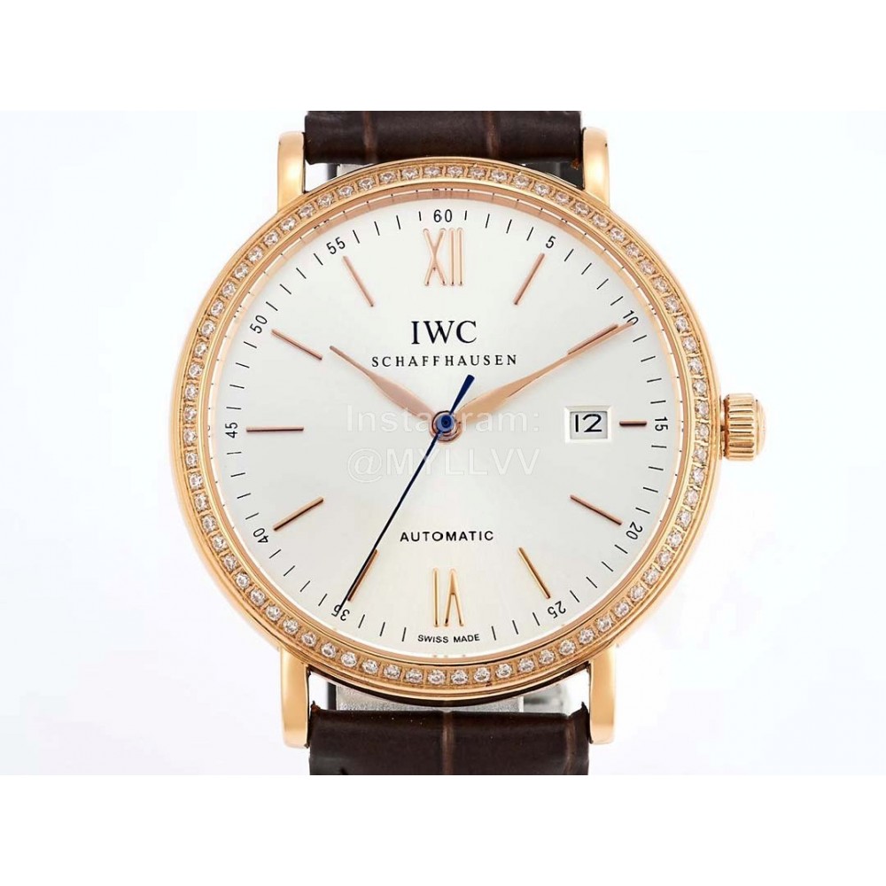 Iwc Leather Strap Gold Case Diamond Business Watch 