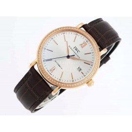 Iwc Leather Strap Gold Case Diamond Business Watch 