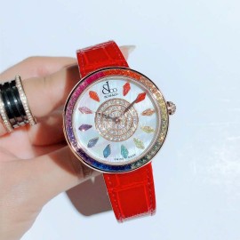 Jacob Co Leather Strap Colourful Diamonds Watch Red