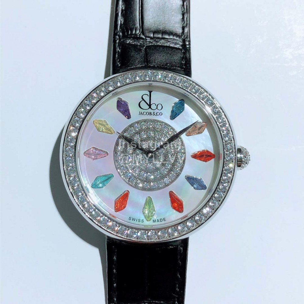 Jacob Co Leather Strap Colourful Diamonds Watch Black