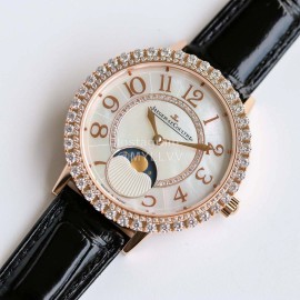 Jaeger Lecoultre Diamond Black Leather Strap Watch