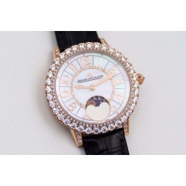 Jaeger Lecoultre Diamond Dial Leather Strap Watch Black