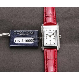Longines Diamond Square Dial Red Leather Strap Watch