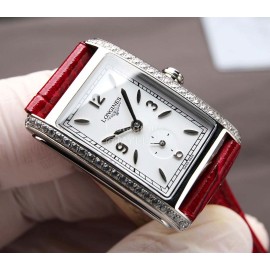 Longines Diamond Square Dial Red Leather Strap Watch