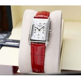 Longines Diamond Square Dial Red Leather Strap Watch