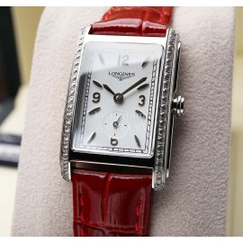 Longines Diamond Square Dial Red Leather Strap Watch