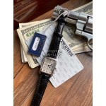 Longines Roman Numeral Square Dial Black Leather Strap Watch