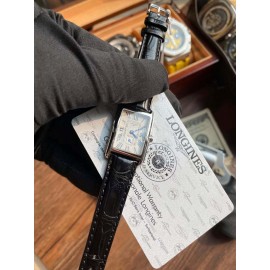 Longines Roman Numeral Square Dial Black Leather Strap Watch