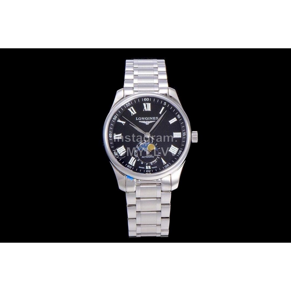 Longines Lunar Phase Watch Steel Strap Watch Black