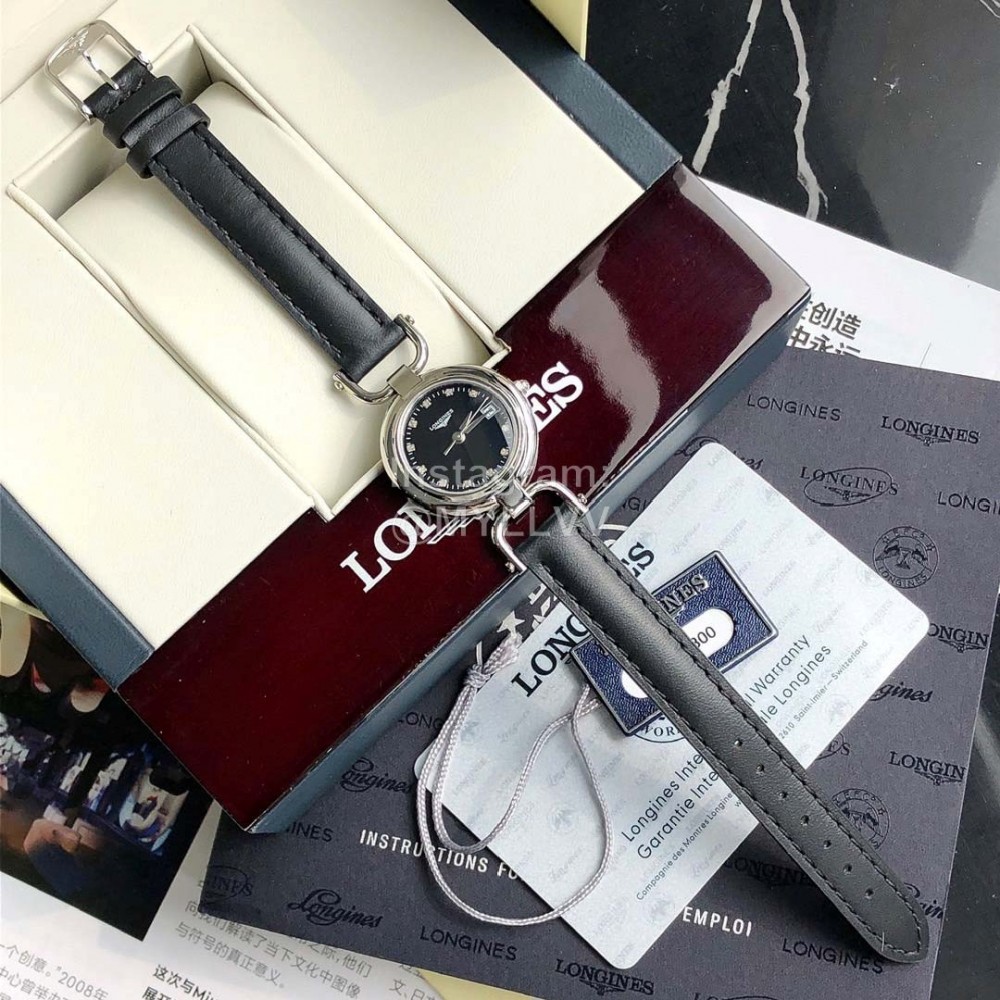 Longines 26.5mm Dial Black Leather Strap Quartz Watch For Women