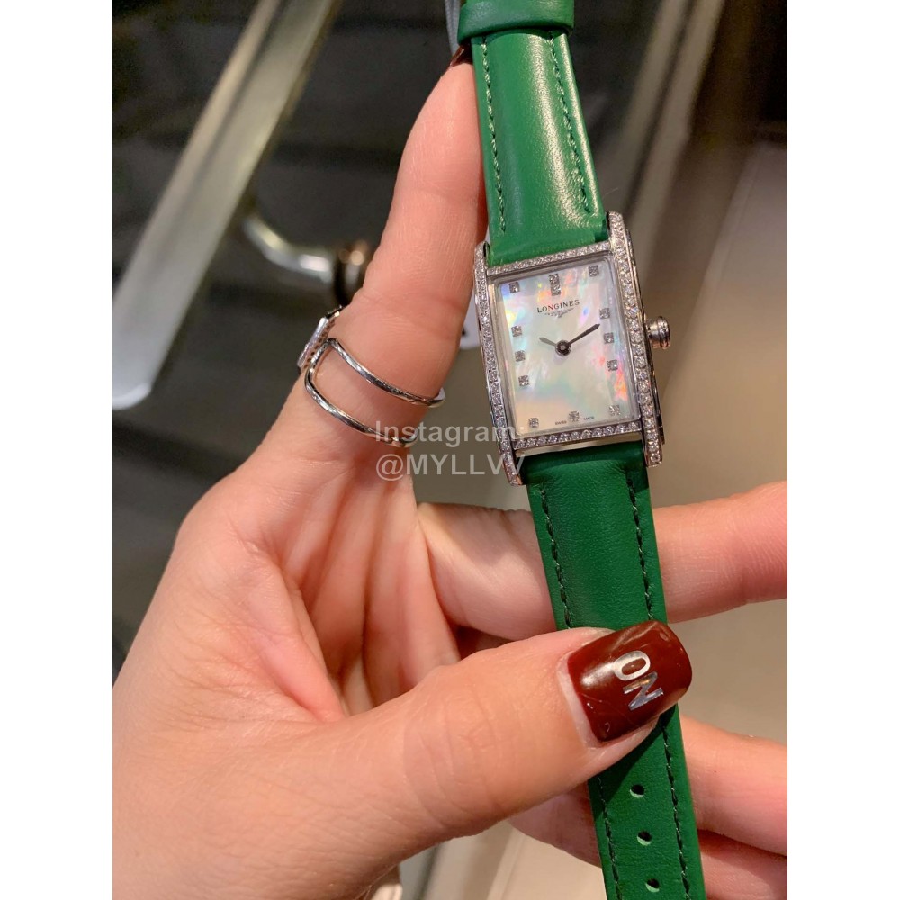Longines Diamond Square Dial Leather Strap Watch Green