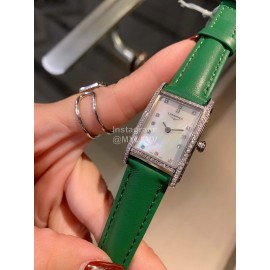 Longines Diamond Square Dial Leather Strap Watch Green