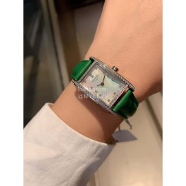 Longines Diamond Square Dial Leather Strap Watch Green