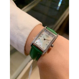 Longines Diamond Square Dial Leather Strap Watch Green