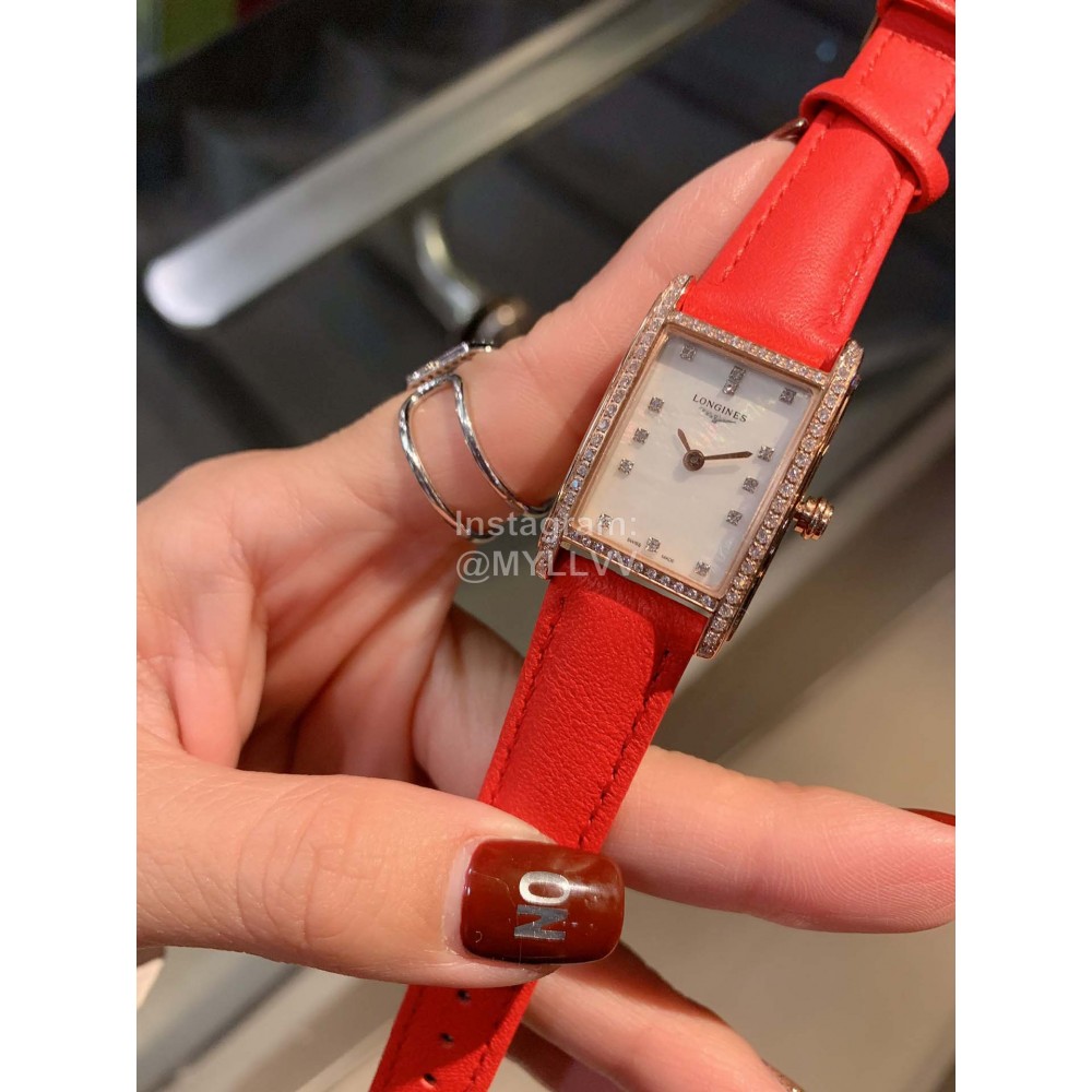 Longines Diamond Square Dial Leather Strap Watch Orange Red