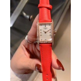 Longines Diamond Square Dial Leather Strap Watch Orange Red