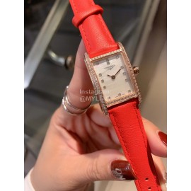 Longines Diamond Square Dial Leather Strap Watch Orange Red
