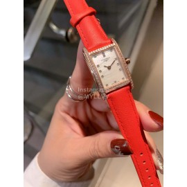Longines Diamond Square Dial Leather Strap Watch Orange Red