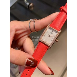 Longines Diamond Square Dial Leather Strap Watch Orange Red