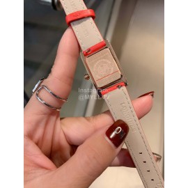 Longines Diamond Square Dial Leather Strap Watch Orange Red