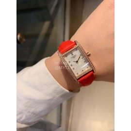 Longines Diamond Square Dial Leather Strap Watch Orange Red