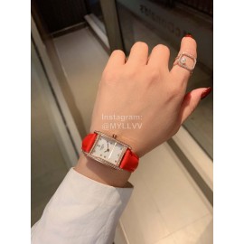 Longines Diamond Square Dial Leather Strap Watch Orange Red