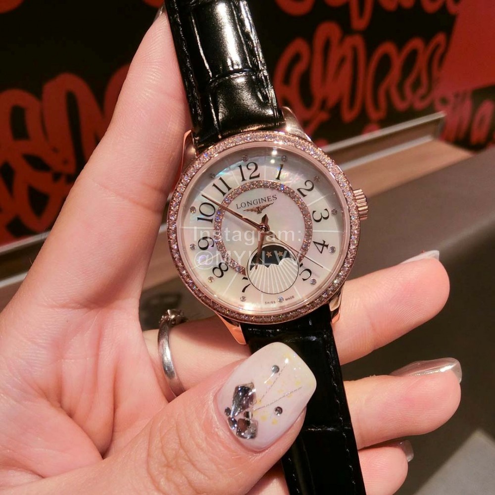 Longines Pearl Shell Dial Sapphire Crystal Leather Strap Watch For Women