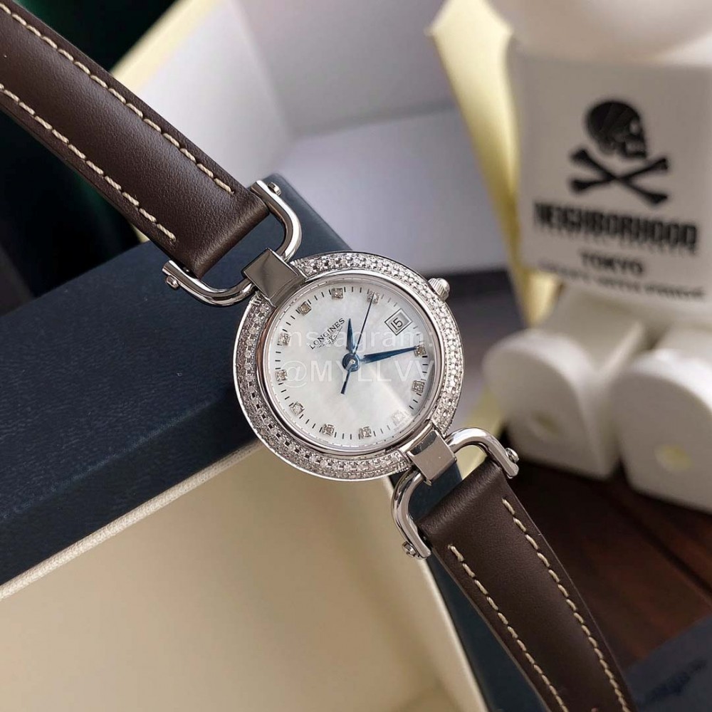 Longines 26.5mm Dial Diamond Leather Strap Quartz Watch For Women 