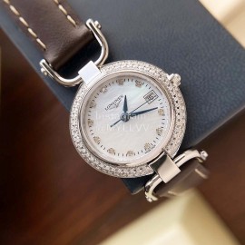 Longines 26.5mm Dial Diamond Leather Strap Quartz Watch For Women 