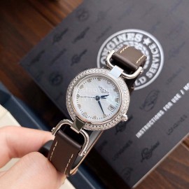 Longines 26.5mm Dial Diamond Leather Strap Quartz Watch For Women 