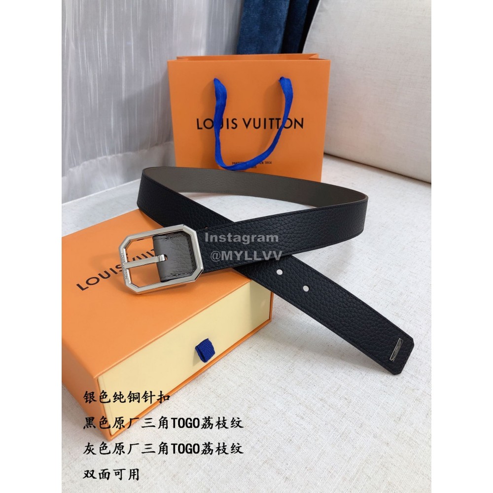 Lv Litchi Grain Cowhide Silver Pin Buckle 35mm Belts 