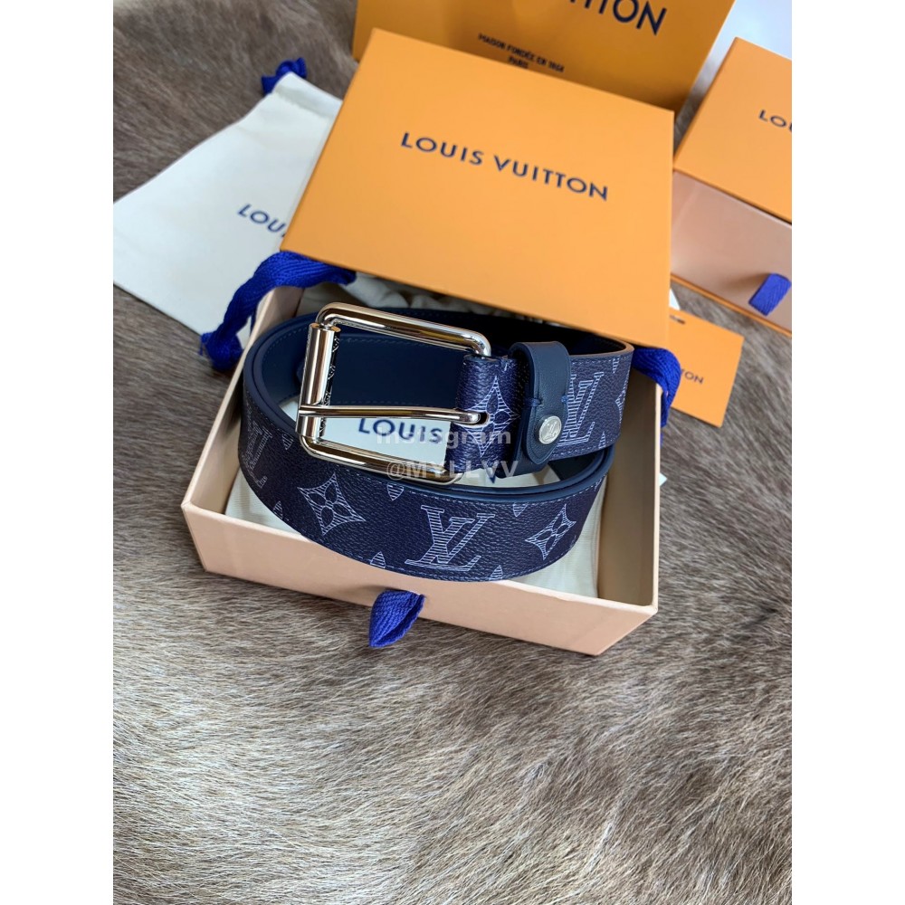 Lv Navy Monogram Canvas Leather Pin Buckle 35mm Belts For Men