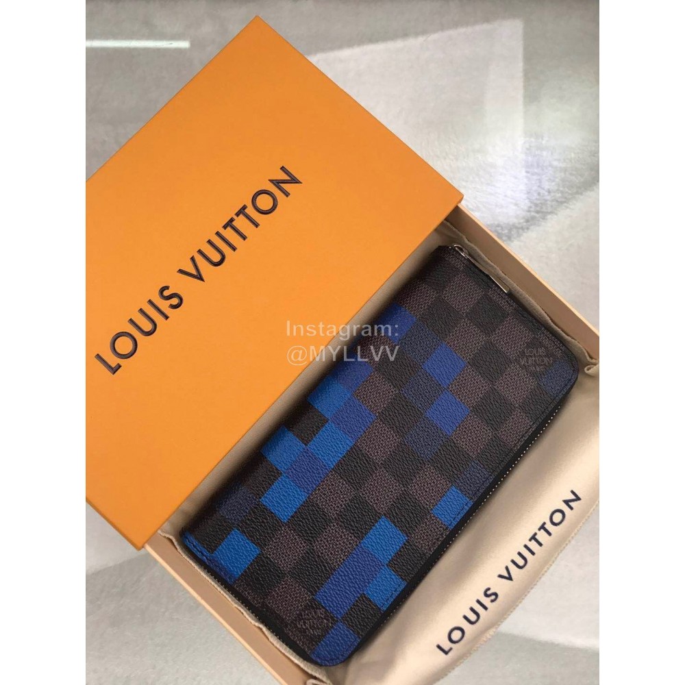 Louis Vuitton Classic Checkerboard Digital Style Zipper Around Long Wallets Blue N60170