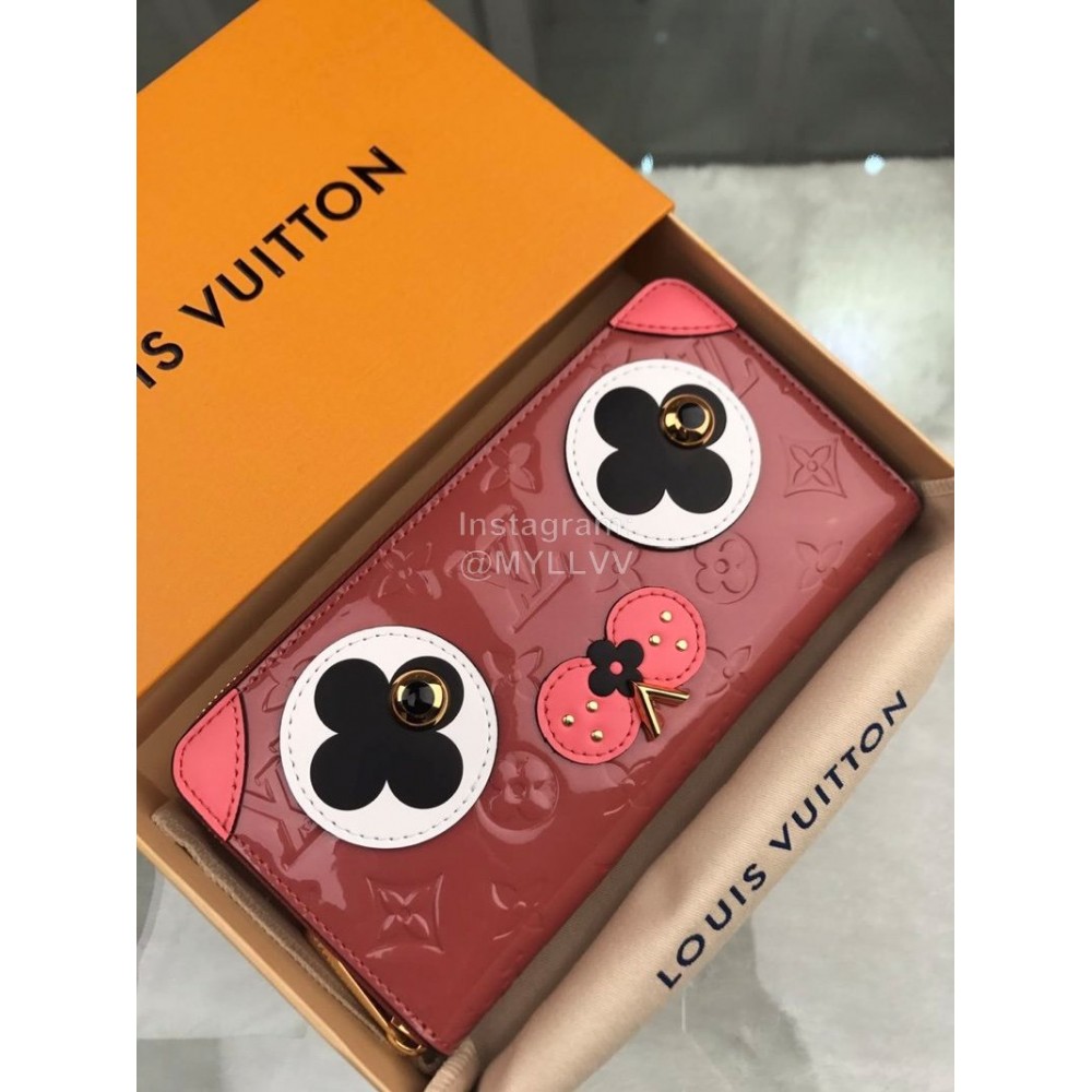 Louis Vuitton Patent Leather Embossed Cute Puppy Pattern Zipper Around Long Wallets Pink M90492