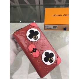 Louis Vuitton Patent Leather Embossed Cute Puppy Pattern Zipper Around Long Wallets Pink M90492