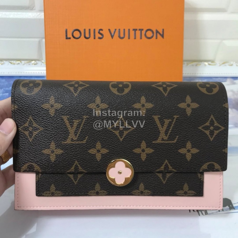 Louis Vuitton Flore Canvas Cowhide Flower Shape Buckle Chain Bag Accessory Wallet Pink M67405