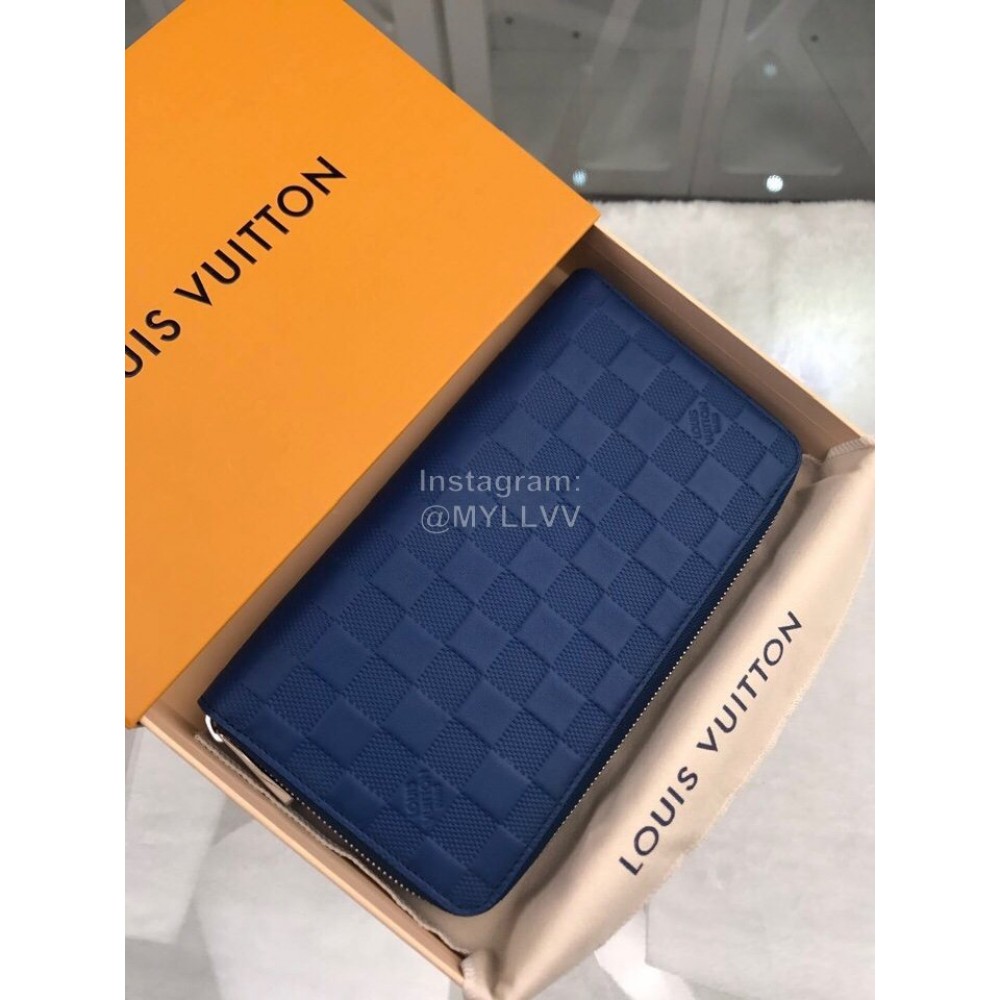 Louis Vuitton Classic Pressing Grid Zipper Around Long Wallets Blue N60003