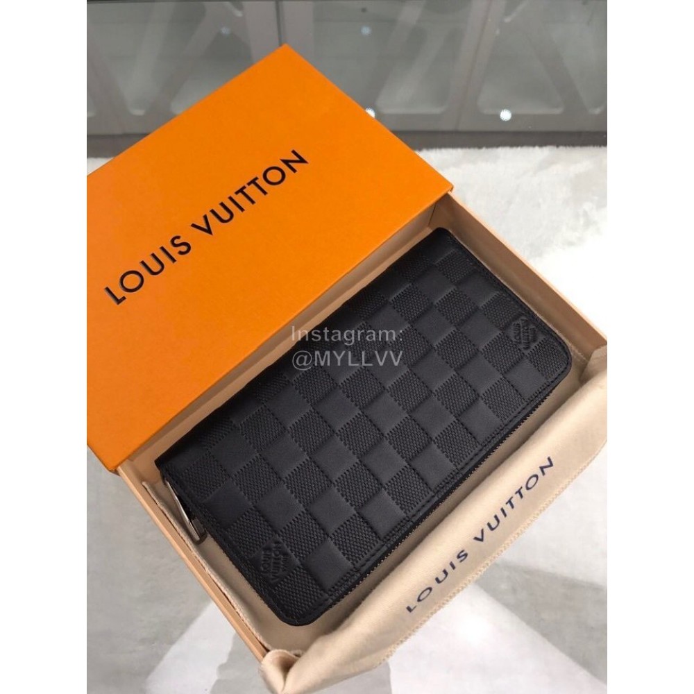 Louis Vuitton Classic Cowhide Grid Zipper Around Long Wallets Black N60015