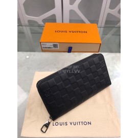 Louis Vuitton Classic Cowhide Grid Zipper Around Long Wallets Black N60015