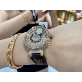 Louis Vuitton 316l Fine Steel Case God Diamond Dial Brown Strap Watch