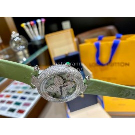 Louis Vuitton Cowhide Strap Diamond Dial Watch For Women Green