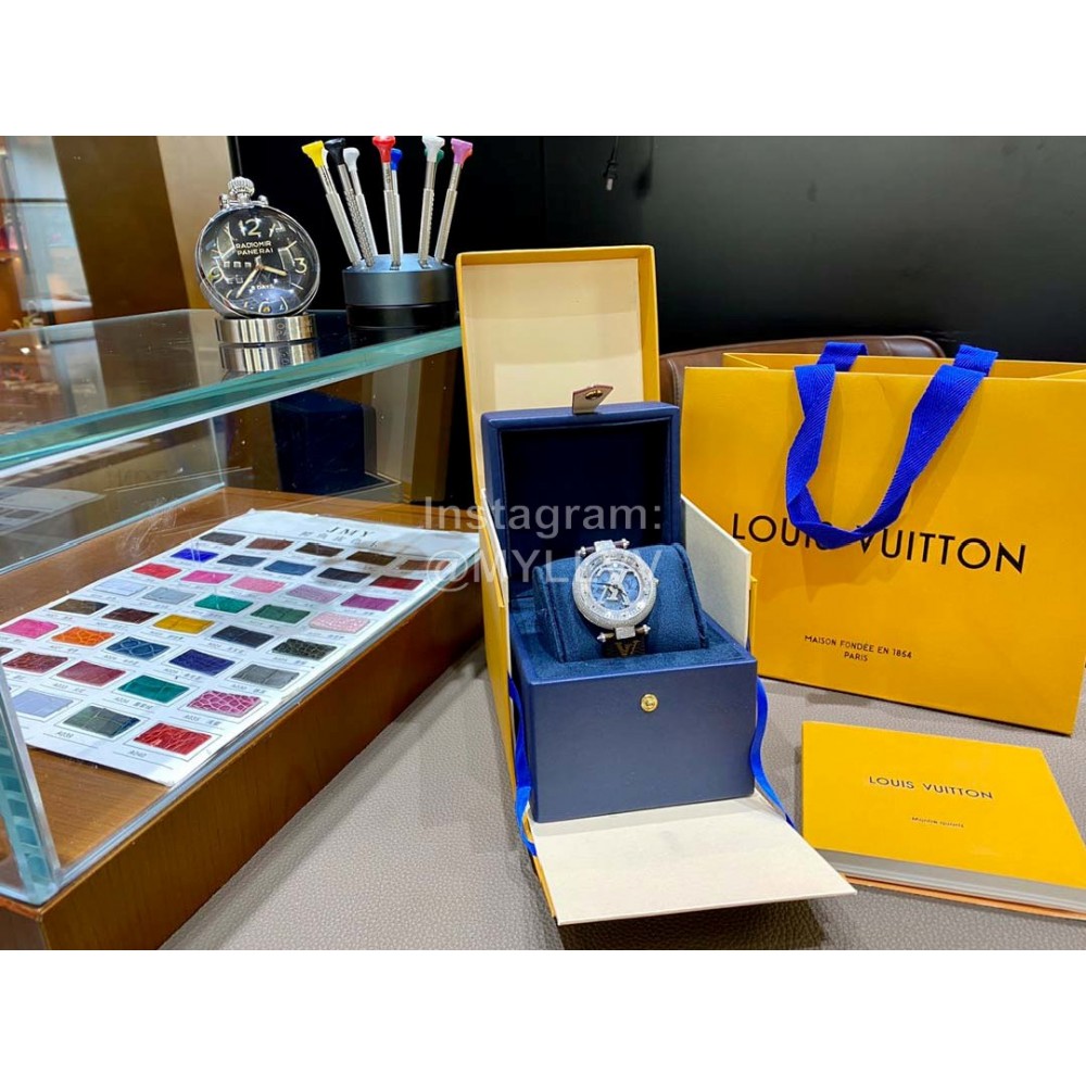 Louis Vuitton Cowhide Strap Diamond Dial Watch For Women Brown