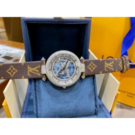 Louis Vuitton Cowhide Strap Diamond Dial Watch For Women Brown