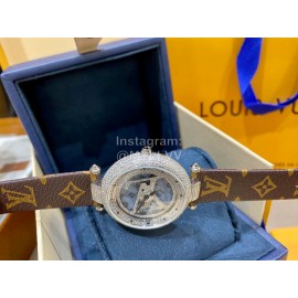 Louis Vuitton Cowhide Strap Diamond Dial Watch For Women Brown